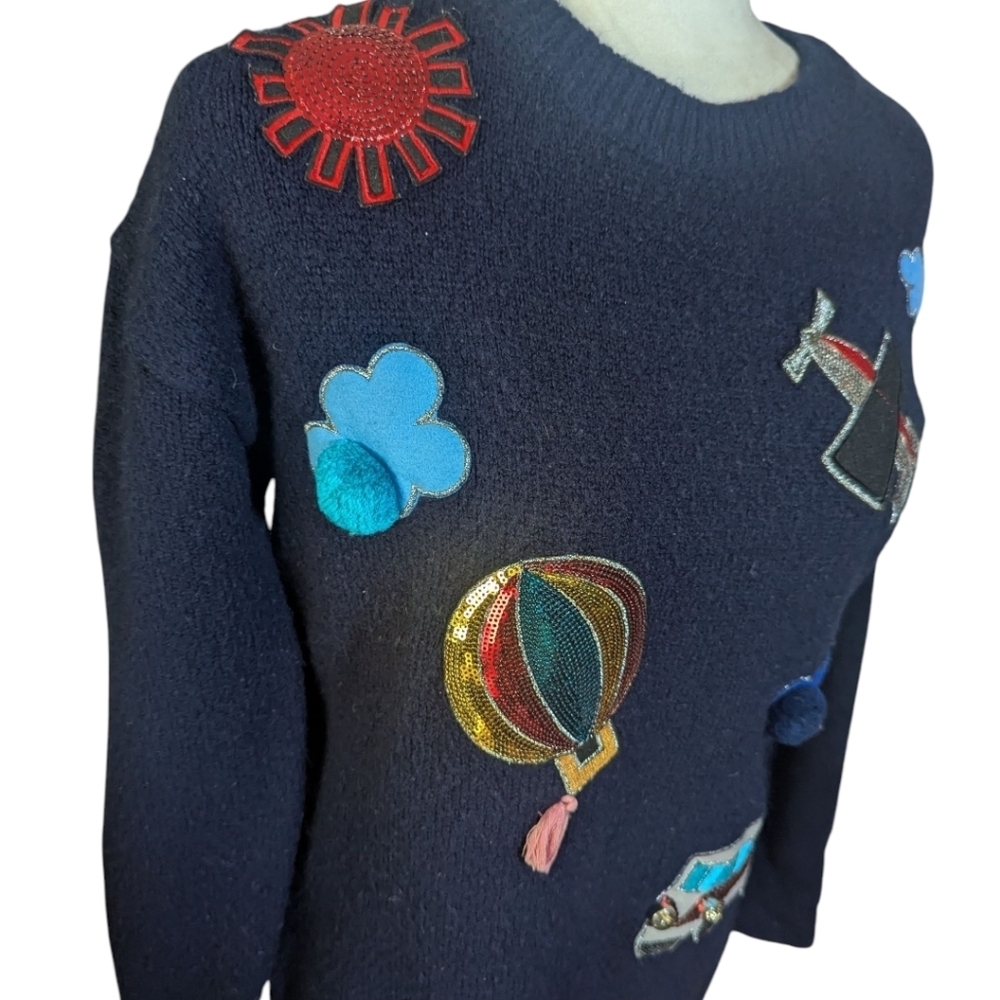 Butter Brand Whimsical Transportation Theme Navy Sweater Colorful Appliques Sz M - Picture 4 of 11